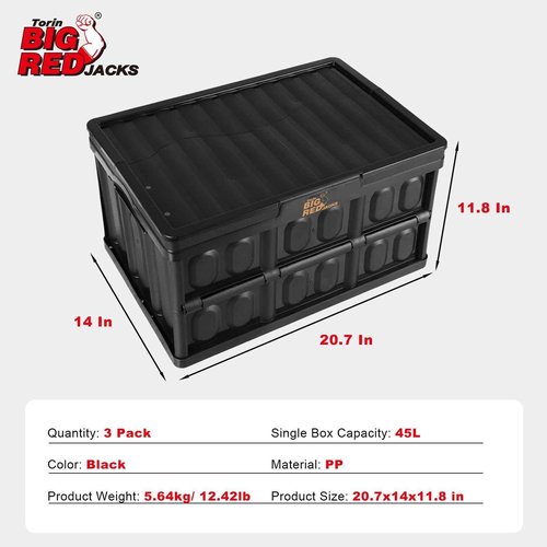 BIG RED Collapsible and Stackable Storage Baskets with Handles: Folding Storage Containers for Organizing Tools, Books, Food, Drinks, Camping & Transport - 45L (3 Pack), Black