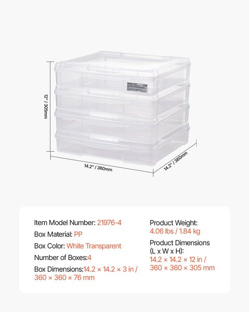 VEVOR Scrapbook Paper Storage, 4 Pack Stackable Plastic Board Game Boxes, Clear Multi-Purpose Document Case with Rounded Corners and Double Latches, for Office Essentials Tools Arts Crafts Supplies