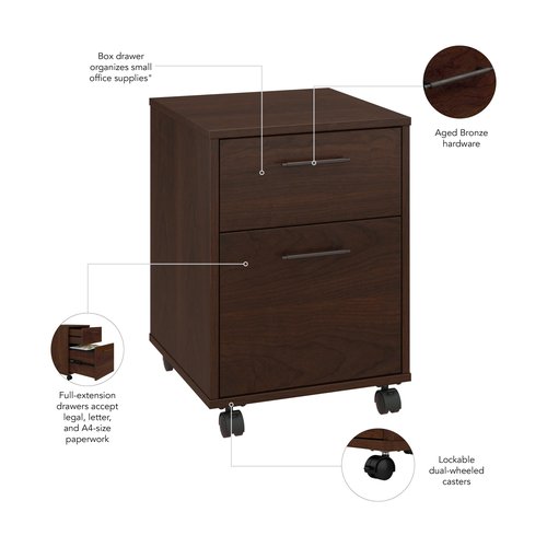 Bush Furniture Key West Rolling Cart for Home Office, 2 Drawer File Cabinet on Wheels, 15.51"W x 15.75"D x 22.28"H, Bing Cherry