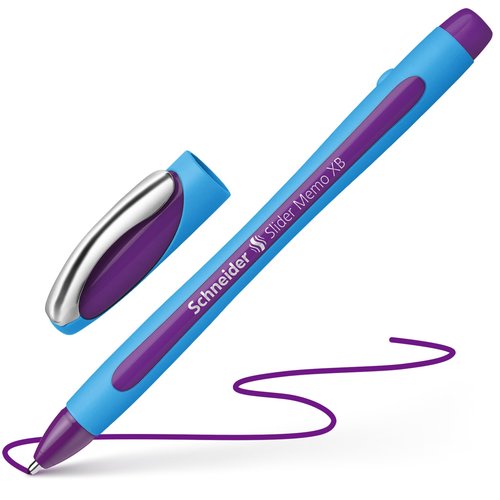 Schneider Slider Memo XB (Extra Broad) Ballpoint Pen, 1.4 mm, Light Blue Barrel, Violet Ink, Box of 10 Pens (150208)