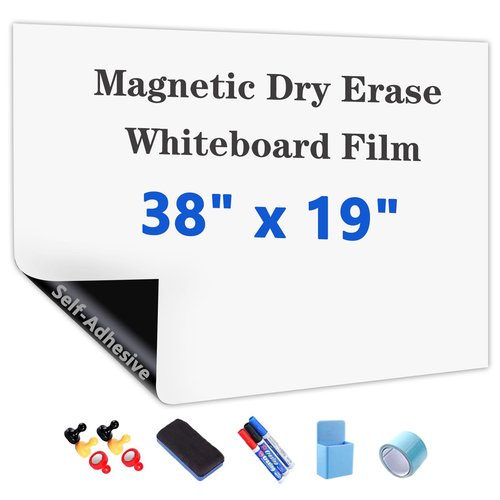 Magnetic Dry Erase Whiteboard Paper with Adhesive, 38" x 19" White Board Film for Wall, Easy to Write and Clean Dry Erase Board for Office, Classroom, Home, Include Marker, Magnetic Eraser and Magnets
