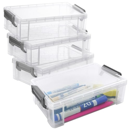 YOIYINI 4Pcs Clear Pen Holder Boxes,Marker Organizer for Desk,Extra Large Crayon Holders,Plastic Storage Box for Pen,Crayon,Markers,Rulers,Art Supplies