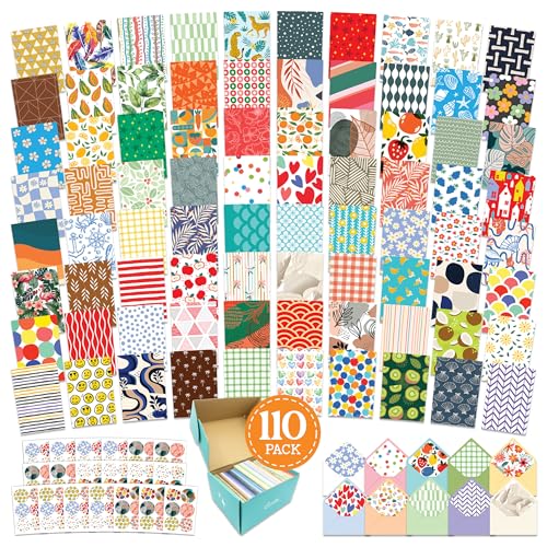 Decorably 110 Pack 4x6in Assorted Blank Cards and Envelopes Bulk with Stickers - 110 Unique Designs Folded Bulk Blank Cards with Envelopes for All Occasions, Birthday, Kids Party, Anniversary