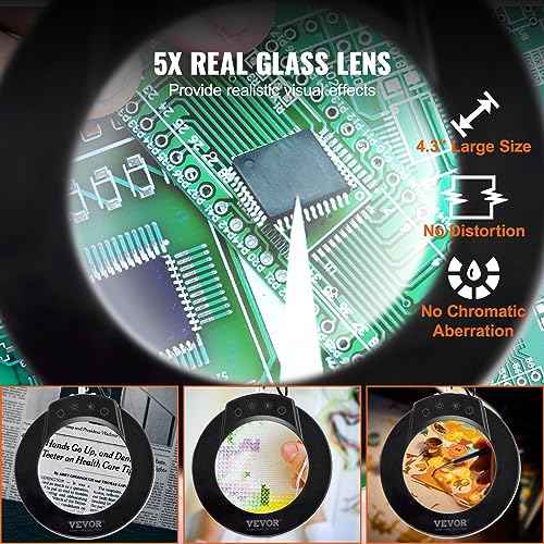 VEVOR 5X Magnifying Glass with Light and Stand, ¡¼Upgraded¡½ 5 Color Modes Stepless Dimmable, 4.3" Glass Lens Magnifier Desk lamp, 2-in-1 Magnifying Light and Stand for Crafts, Reading, Close Work