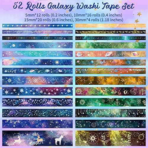 52 Rolls Washi Tape Set, Gold Foil Galaxy Washi Tape for Journaling Supplies, 4 Size Washi Tapes for Scrapbooking, DIY Journal Set, Craft, Gift Wrapping, Painting