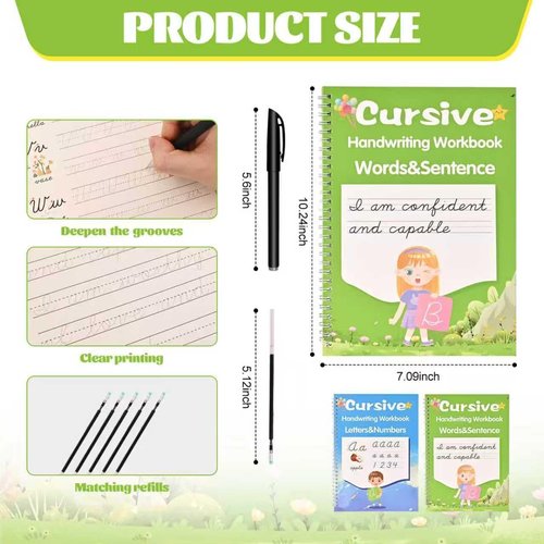AALGO Cursive Handwriting Workbook - Reusable Practice Book for Kids & Beginners | Learn Letters, Words & Sentences