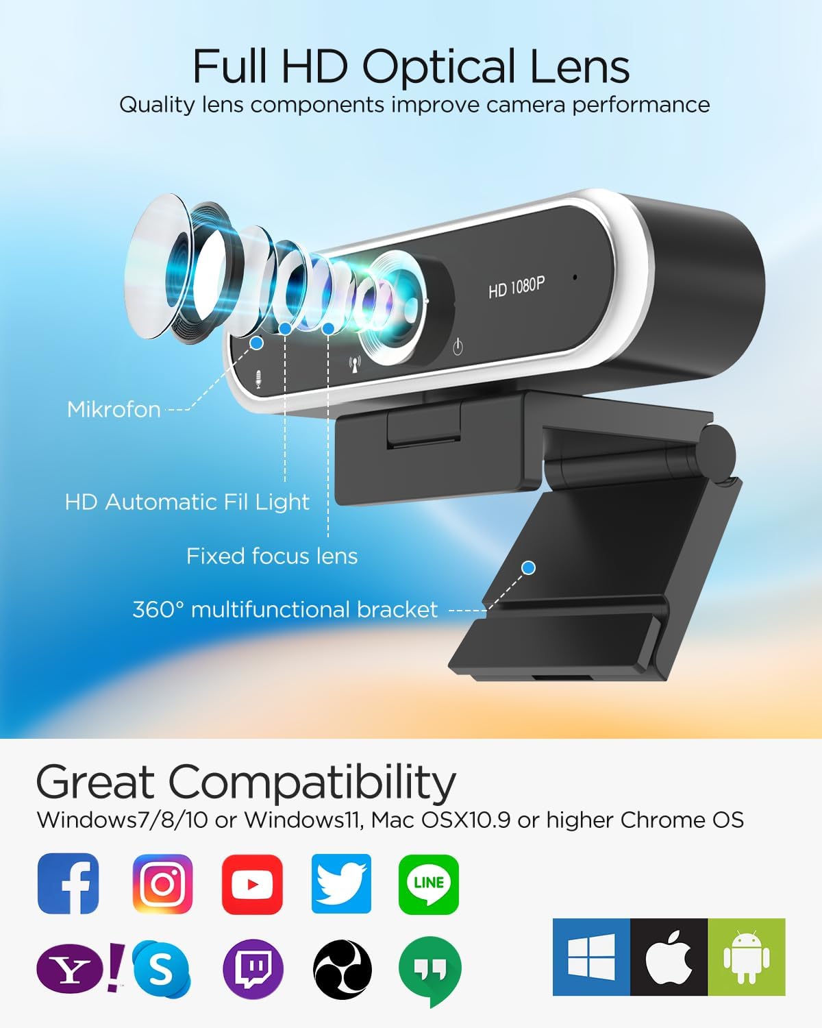 Webcam 1080P - USB Computer Camera with Microphone & Privacy Cover | Auto Light Correction for Video Calls