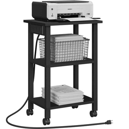 TUTOTAK 3 Tier Printer Stand, Rolling Printer Cart with Power Outlets and USB Ports, Mobile Printer Table with Wheels, for Under Desk, Office, Home, Greige PS02BK001