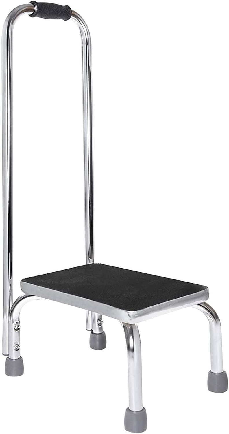 Vaunn Medical Foot Step Stool - Lightweight & Sturdy with Handle | Anti-Skid Rubber Platform, Chrome