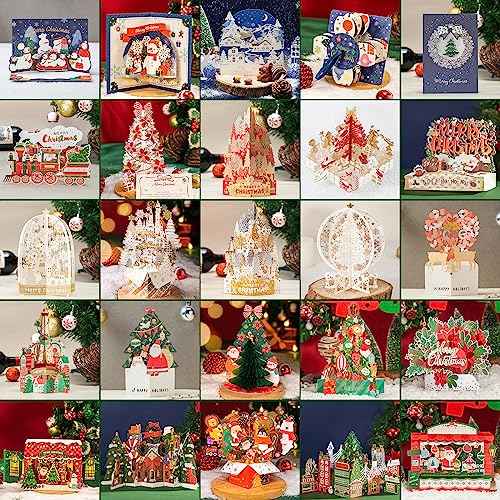 WISHGIFT 25Pcs 3D Christmas Cards, Merry Christmas Cards Handmade, Greeting Cards & Envelopes for Xmas