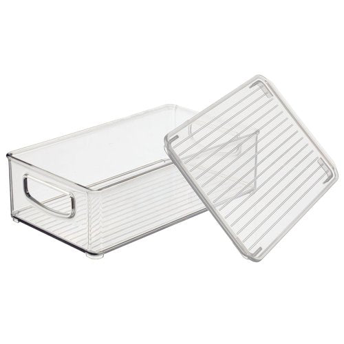 mDesign Plastic Storage Bin Box Container with Lid and Built-in Handles - Organization for Pens, Pencils, or Work Supplies in Home Office, Cabinet, or Desk Top, Ligne Collection - 4 Pack - Clear
