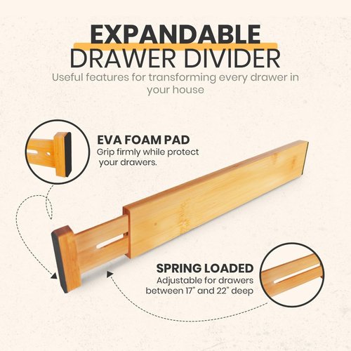 Palok Kisna Adjustable Bamboo Drawer Dividers, Drawer Organizer for Kitchen, Bedroom, Bathroom, Office Desk, Dresser Nursery & Silverware, Natural Wooden Separators with Soft Foam Ends, Expandable