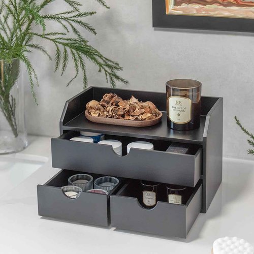 ROSE BLOOM Black Wood Desk Organizer with 3 Drawer, Mini Cute Cabinet with Storage Shelf for Tabletop, Small Desktop Box Organizer for Cosmetic Office Supplies