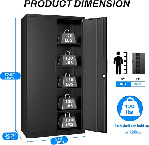 Metal Garage Storage Cabinet - 71" Tall Heavy-Duty Steel Locker with 4 Adjustable Shelves | Black, 31.5"W x 16.5"D