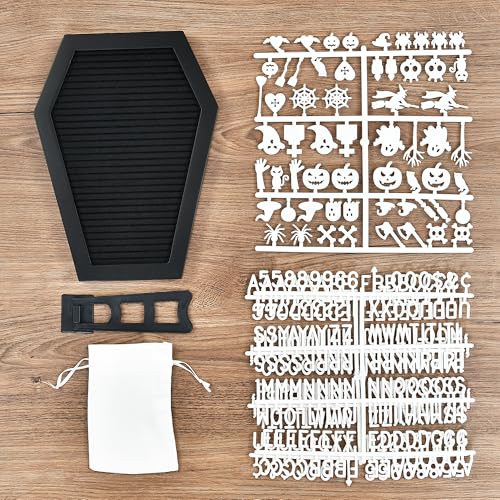 Coffin Letter Board - 354 Characters Spooky Halloween Characters with Wooden Stand and Canvas Bag - 10x7 Inches Small Size - Felt Message Board for Home Office Halloween Supplies & Decor (Black)