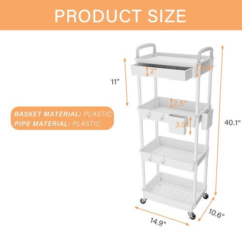 4 Tier Rolling Utility Cart with Drawer,REBECAT Utility Cart Made of Multifunctional Storage Organizer Tool for Kitchen,Bathroom,Living Room,Office(Gray)