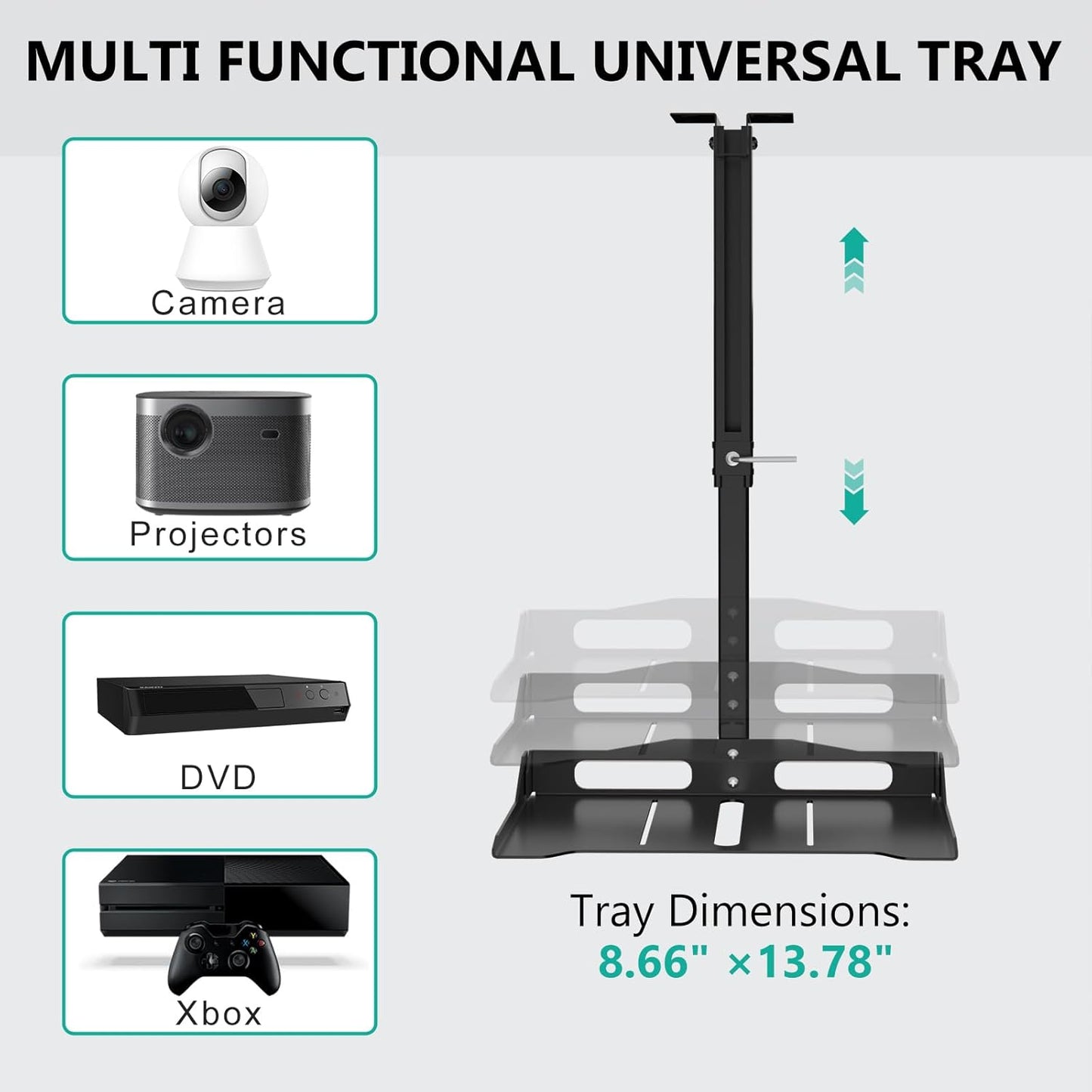 WALI Projector Ceiling Mount Tray - Height Adjustable Holder with Hidden Cable Management | Fits Projectors Up to 22lbs, Black
