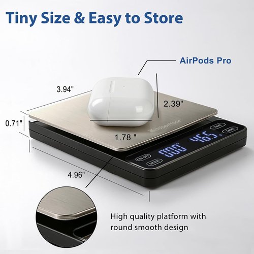 KitchenTour Nano Coffee Scale - High Precision 3kg/0.1g Timer for Espresso & Pour Over | Backlit LCD Display