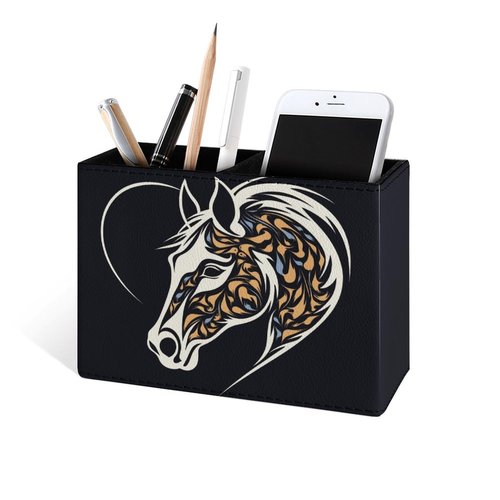 Buyidec Pen Holder Pencil Holder for Desk Horse's Head Heart Art PU Leather Pens Pencils Holder Cup Desktop Desk Pencil Pen Organizer Makeup Brush Holder for Office School Home