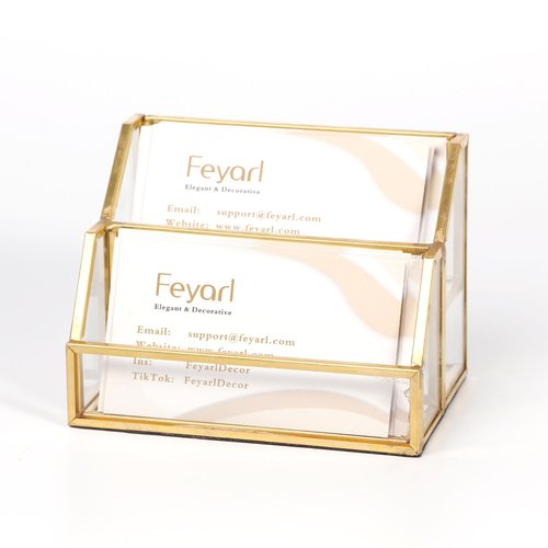 Feyarl Gold Glass Business Card Holder 2 Slots Name Cards Display Stand Business Cards Organizer Storage for Office Meeting Front Desktop Countertop