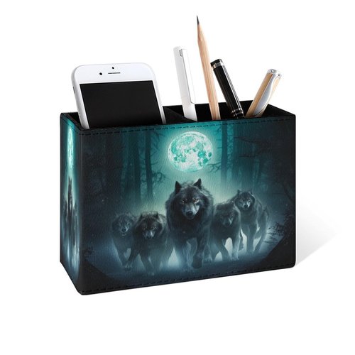 Famame Wolf Night Moon Pencil Holder for Desk, Leather Desktop Container Pen Cup Storage Study Table Pen Organizer Makeup Brush Holder for Classroom Office Home