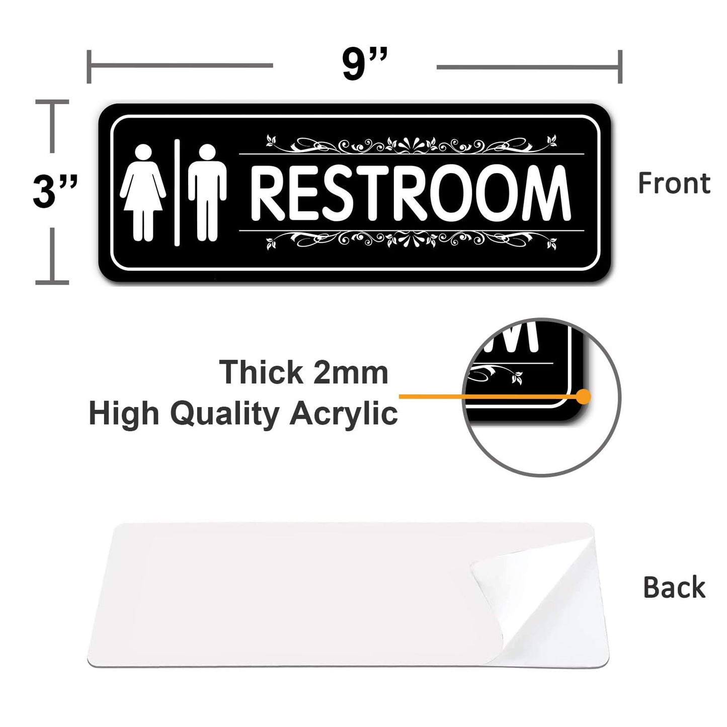 GulSoar Restroom Sign - (2 Pack 9" x 3") Thick Acrylic Restroom Signs for Business with Strong Self-Adhesive, Bathroom Signs for Home Door or Wall, Ideal Unisex Restroom Signs for Women and Men(Black)