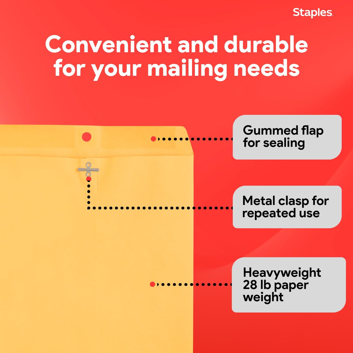 Staples 9 x 12 Kraft Clasp & Moistenable Envelopes, Brown Manila, Heavyweight Document Mailers with Metal Clasp, 100/Box