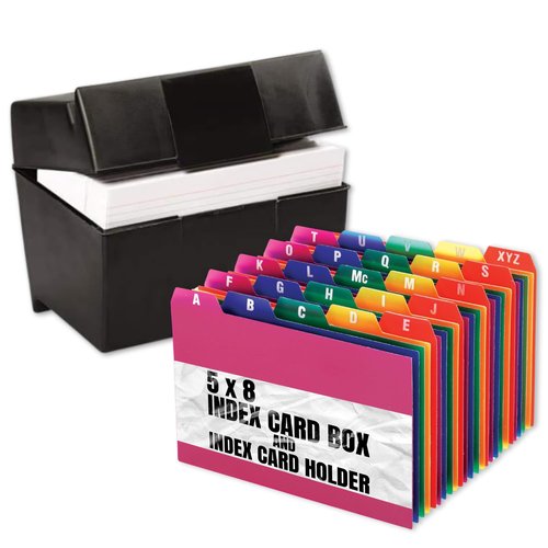 1InTheOffice Index Card Box & Holder 5x8, 400 Capacity & Guide Set A-Z, 1/5 Tab