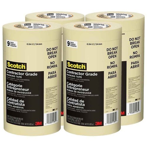 3M Scotch Contractor Grade Masking Tape – 0.94" x 60 yds – Tan – 4 Contractor Packs of 9 Rolls Each – Durable Vinyl Tape for Versatile Indoor and Outdoor Use