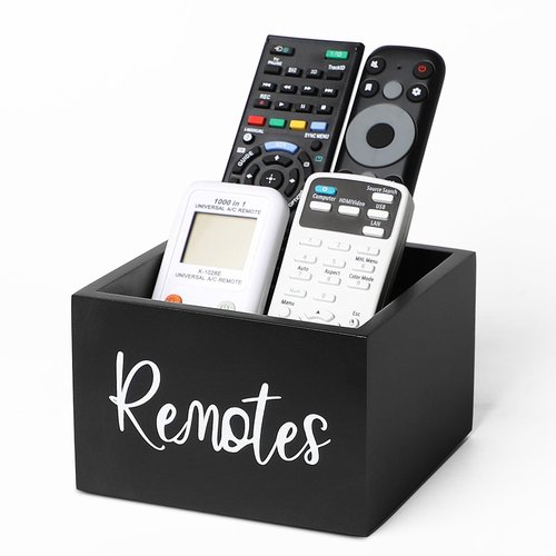 LBEMEY Wood Remote Control Holder, TV Remote Control Organizer for Home Bedroom Table, Multi-Purpose Desktop Storage (Black, M, for 3+ Remote Control)