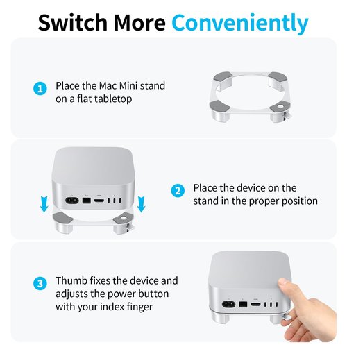 OMOTON Aluminum Stand for Mac mini M4 and M4 Pro, Cooling Desktop Holder Mount, Convenient Access to Power Button, Durable and Sturdy Design, Silver
