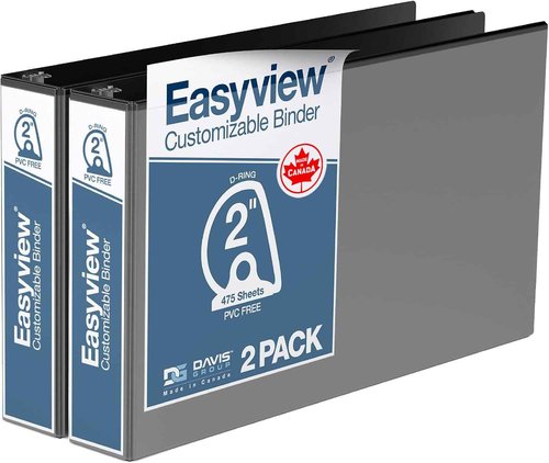 Easyview Premium 2-Inch D-Ring Binders with Clear-View Covers, Spreadsheet-View Binders for School, Office, or Home, 11 Inches by 17 Inches, Pack of 2, 2", Black