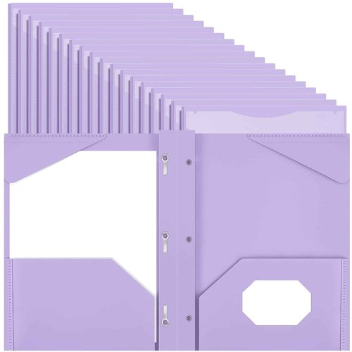 Henoyso 48 Pcs Plastic Folder with Clear Front Pocket and 3 Prongs Heavy Duty Plastic Folders with Card Slot Pocket Folders with Prongs for School Office Home(Light Purple)