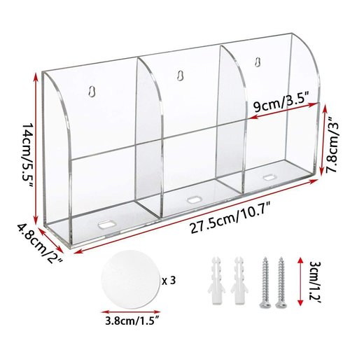 APSOONSELL Clear Acrylic Remote Holder Wall Mount Phone Holder Large Remote Control Holder Media Caddy, 3 Compartments