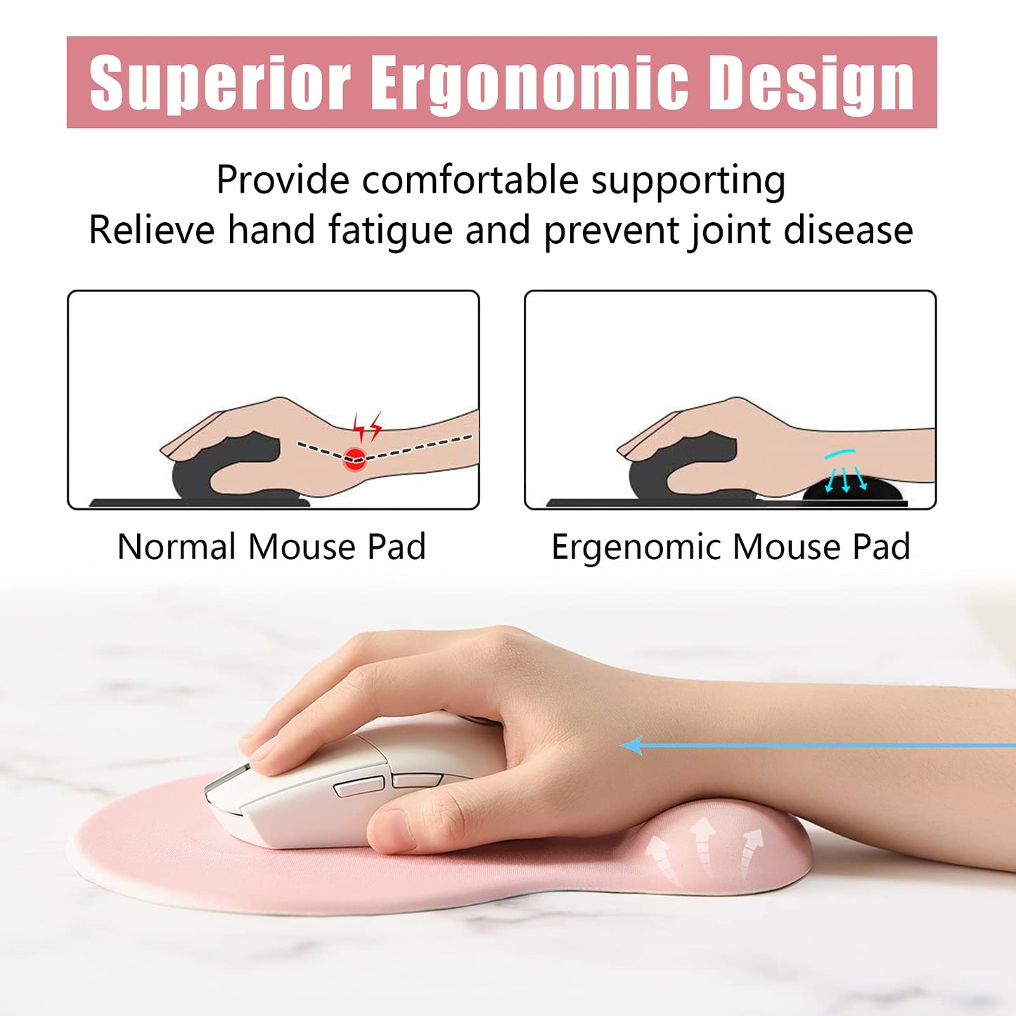 Hsurbtra Ergonomic Mouse Pad with Wrist Rest Support, Gel Mouse Pads with Non-Slip PU Base, Pain Relief Memory Foam Computer Mat, Cute Office Supplies Desk Decro Accessories, Pink
