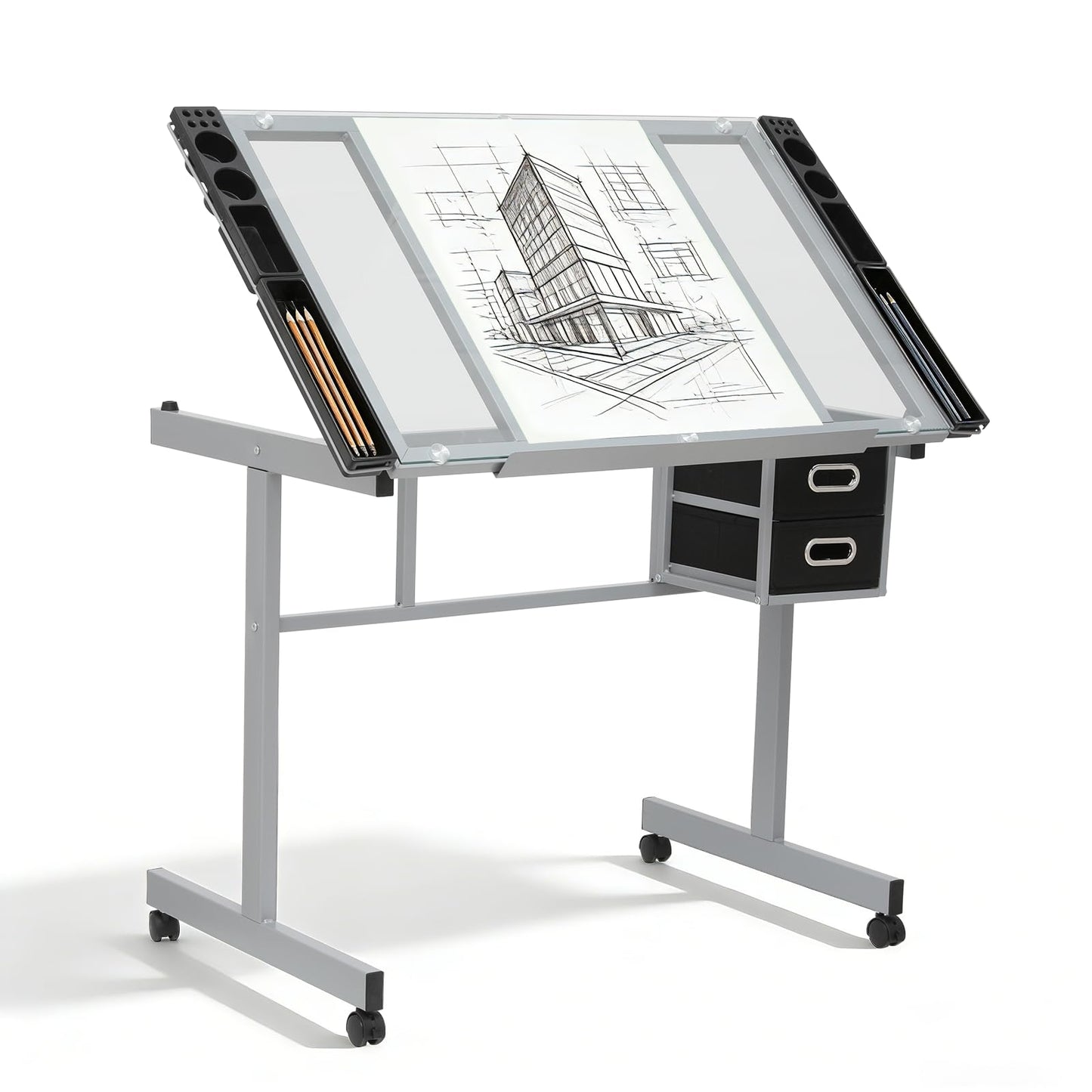 Magshion Professional Drafting Table for Adults Teens, Tilting Glass Tabletop Art Craft Desk Diamond Watercolor Paintings Sketching Work Station for Home Office Reading, Writing, Crafting (Clear)