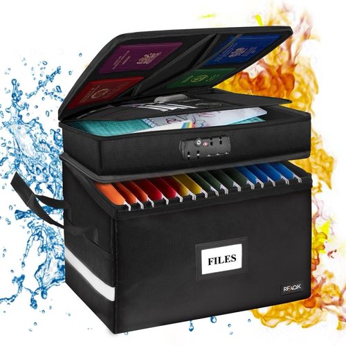 Fireproof Document Box with Lock-2 Layer File Cabinet Storage Bag with Multiple Pockets, Water-Resistant File Box with Reflective Strip-Document Organizer for Hanging Letter/Legal Folders, Certificate