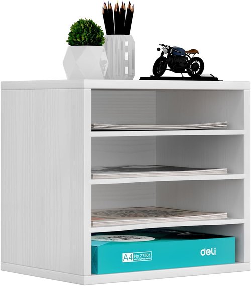 Senhoglb Wood Desk Organizers and Accessories, Mail Sorter File Holder, Desktop File Organizer With Adjustable Shelf, Document Holder for Office Home Classroom, 4 Compartments White