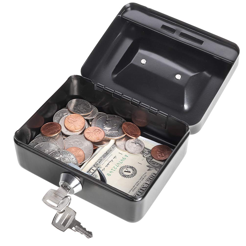 Jssmst X-Small Cash Box with Lock - Money Saving Box for Cash Coins, Small Lock Box for Medication Personal Items, 4.92'' x 3.94'' x 2.28'', Black