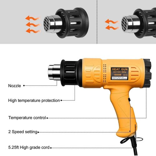 SEEKONE Heat Gun - 1800W Fast Heating Hot Air Gun Kit with Variable Temperature Control & 4 Nozzles | 5.2FT Cable