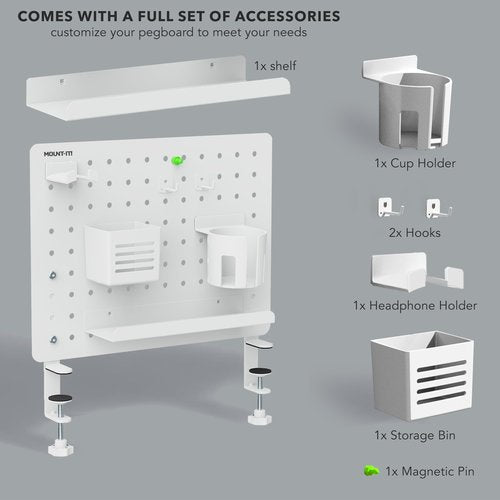 Mount-It! Clamp-On Pegboard Organizer | Adaptable Desk Storage for Home Office, Gaming & Crafting | Easily Organize Essentials with Shelf, Cup Holder & Hooks (White)