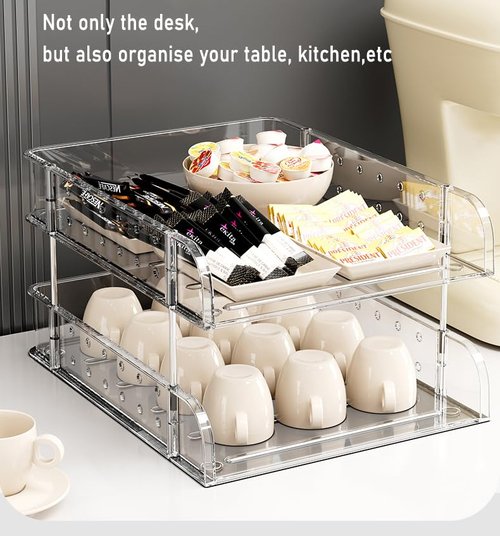 Clear Acrylic Desk Organizer, Multi-Tier Letter Tray with Pen Holder, Office Storage for Documents and Supplies