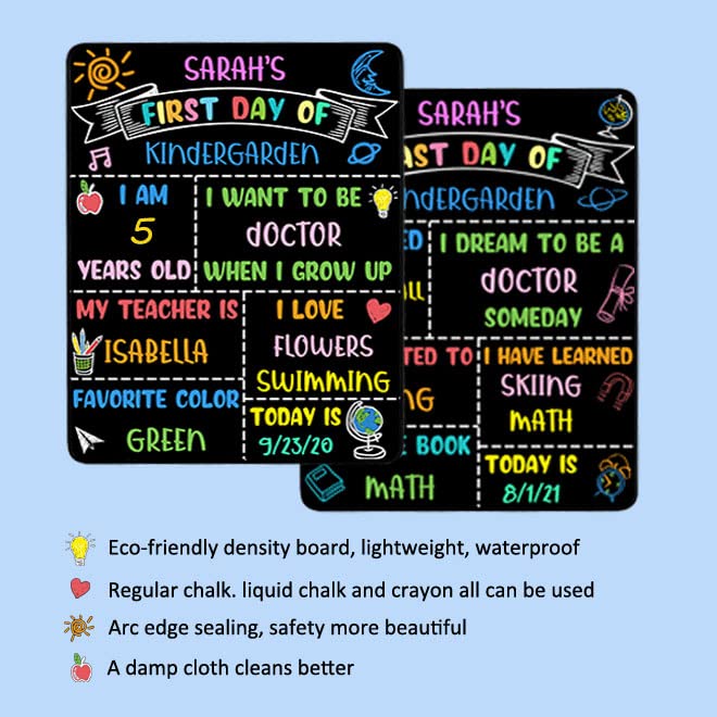 Sunboom Reusable First Day of School Sign 14x11 in Double-Sided Kindergarten & Preschool Board - Colorful Back to School Chalkboard Sign for Kids, 1pcs