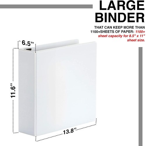 2 Pack of 6 Inch 3 Ring Binder with Locking Angle D Rings, Professional Heavy Duty Large Storage Binder with Pockets, Fits 8.5 x 11 Inch Sheets, Non-Stick Clear View Cover, Customizable, White