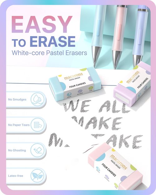 Four Candies Pastel Mechanical Pencil Set - 6PCS 0.5 mm & 0.7mm Pencils with 360PCS HB #2 Lead Refills, 3PCS Erasers and 9PCS Eraser Refills, Cute School Supplies Stuff for Student Writing Drawing