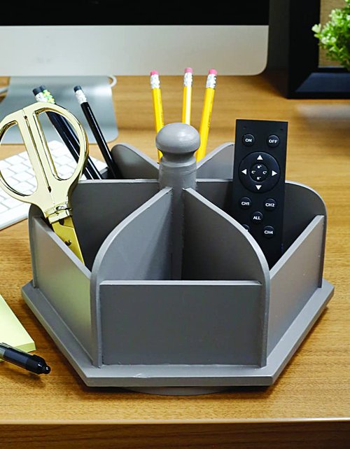 Spinning Desktop Organizer – Gray Hexagon 6 Compartment Rotating Mail and Stationary Holder – Quality Wooden Design – Pen and Pencil Cup and Sorter – by Designstyles