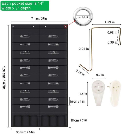 Hanging File Holder Organizer Rack, 20+6 Pocket File Folder, Wall Mounted, Heavy Duty 4 Hooks, Storage Mail, Letter, Key Holder, Document, Filing, Book, Decorative Living Room, Classroom Organization