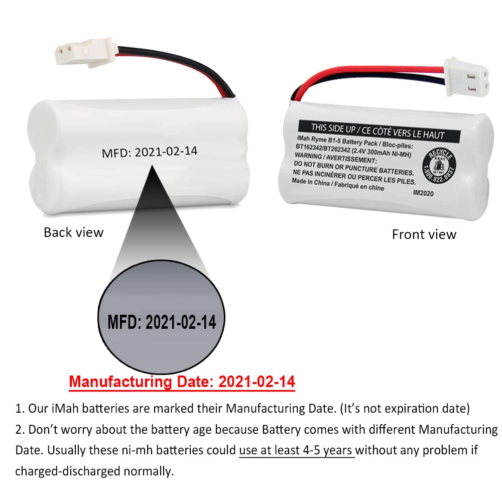 iMah BT162342/BT262342 2.4V 300mAh Ni-MH Cordless Phone Battery Pack, Also Compatible with BT183342/BT283342 AT&T EL52351 TL90070 VTech CS5119 DS6511 DS6722 LS6305 Handset, 2-Pack
