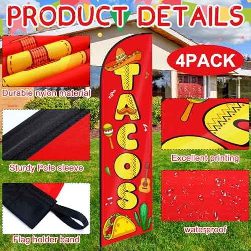4 Pcs Mexican Food Tacos Feather Flag 7. 9 ft x 23. 6 Inch Mexican Restaurants Advertising Banner Sign for Burritos Tamales and Welcome Advertising Flags Businesses Markets Outside