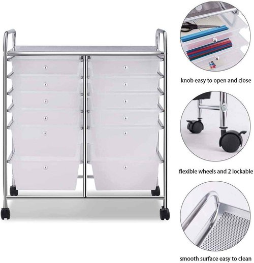 SPSUPE 12-Drawer Rolling Storage Cart, Utility Cart Storage Shelves with 4 Universal Wheels, Tools Scrapbook Paper Organizer, Ideal for Home Kitchen Office Organizing (Transparent)